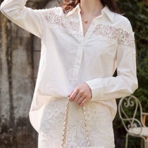 Alternative view of Lace Trim V-Neck Long Sleeve Cotton Blouse