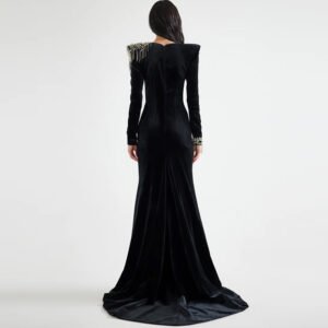 Alternative view of Velvet Long-Sleeve Fringe Beaded Shoulder Mermaid Evening Gown