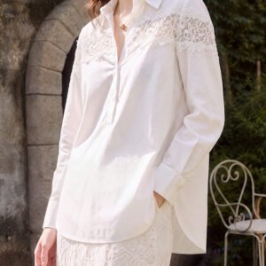 Lace Trim V-Neck Long Sleeve Cotton Blouse