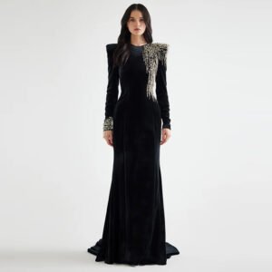 Velvet Long-Sleeve Fringe Beaded Shoulder Mermaid Evening Gown