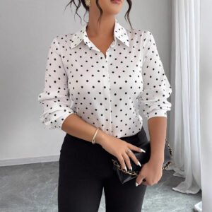 Women's Long-sleeve Polka-dot Slim-fit Lapel Blouse